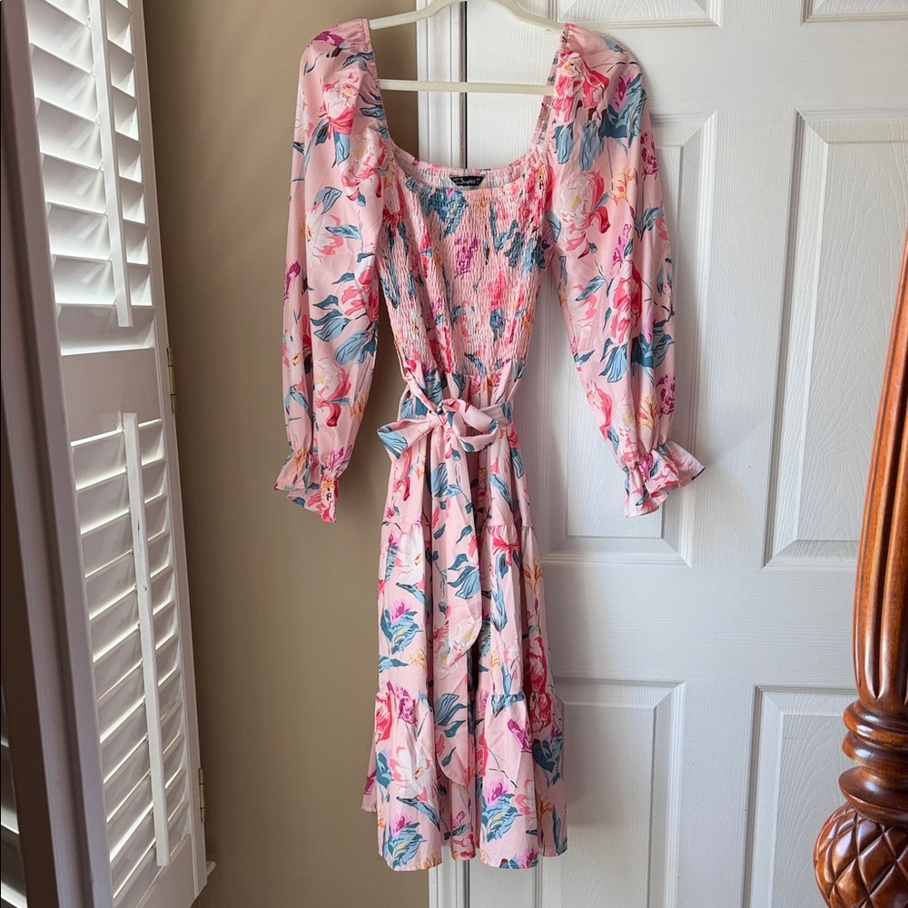 Simplee Apparel Pink Floral Midi Dress with Blue and Coral Accents